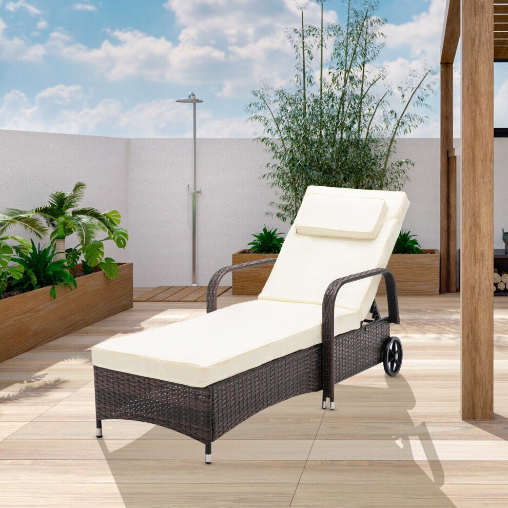 (BROWN) Rattan Sun Lounger Bed Recliner Outdoor Garden Chair