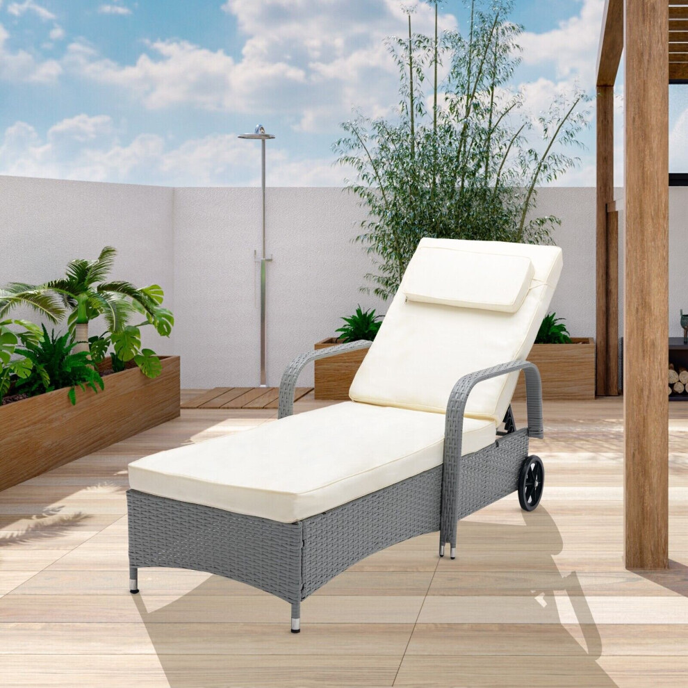 (GREY) Rattan Sun Lounger Bed Recliner Outdoor Garden Chair