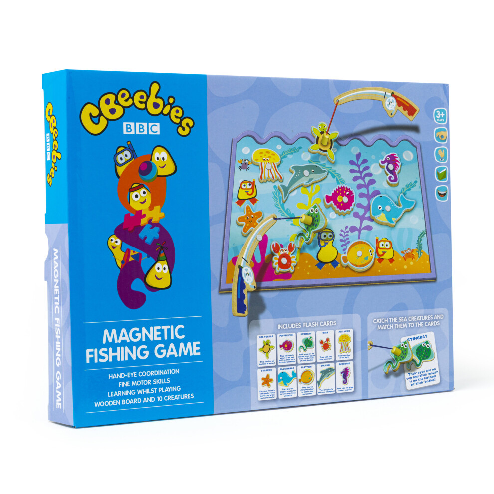 CBeebies Magnetic Fishing Game Wooden Board Flash Cards Learn Play 10 Creatures