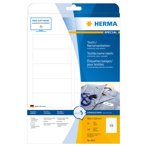 HERMA Removable Textile Name Labels A4 88.9x33.8 mm 20 Sheets Sticky Label 1
