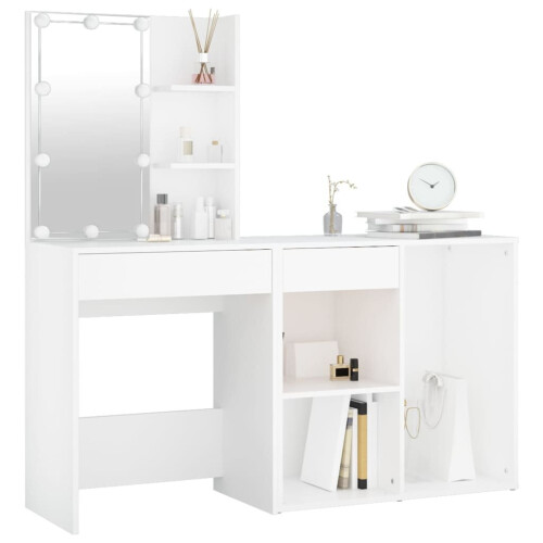 VidaXL vidaXL LED Dressing Table with Cabinet White Engineered Wood Makeup Table 2