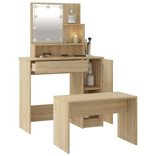 VidaXL vidaXL Dressing Table Set with LED Sonoma Oak Engineered Wood Makeup Table 1