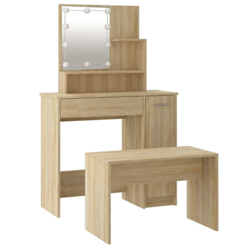 VidaXL vidaXL Dressing Table Set with LED Sonoma Oak Engineered Wood Makeup Table 2