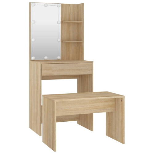 VidaXL vidaXL Dressing Table Set with LED Sonoma Oak Engineered Wood Makeup Table 2