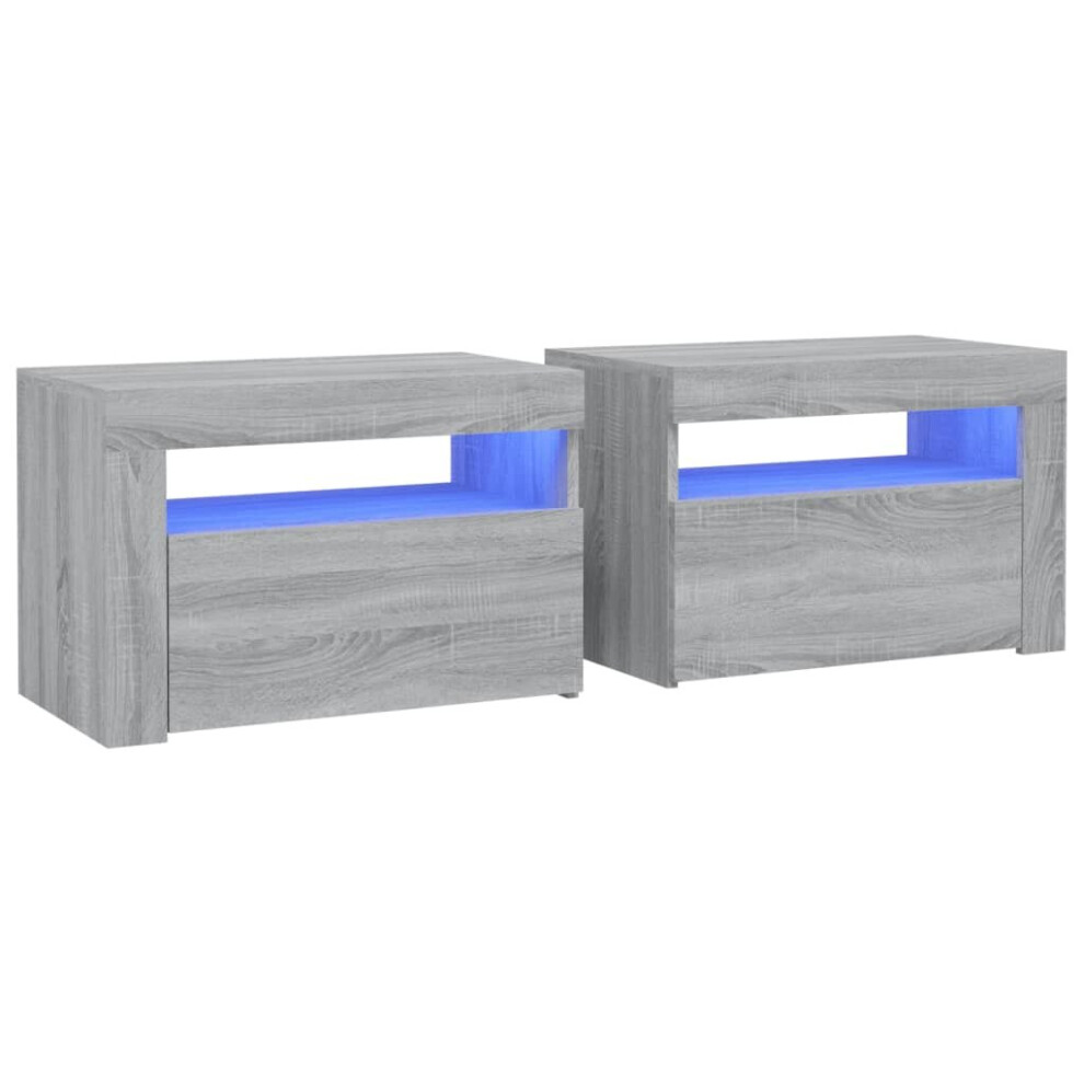 vidaXL 2x Bedside Cabinets with LEDs Grey Sonoma LED Side Cabinet End Table