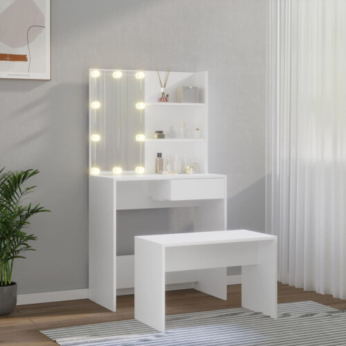 VidaXL vidaXL Dressing Table Set with LED White Engineered Wood Makeup Vanity Desk 1