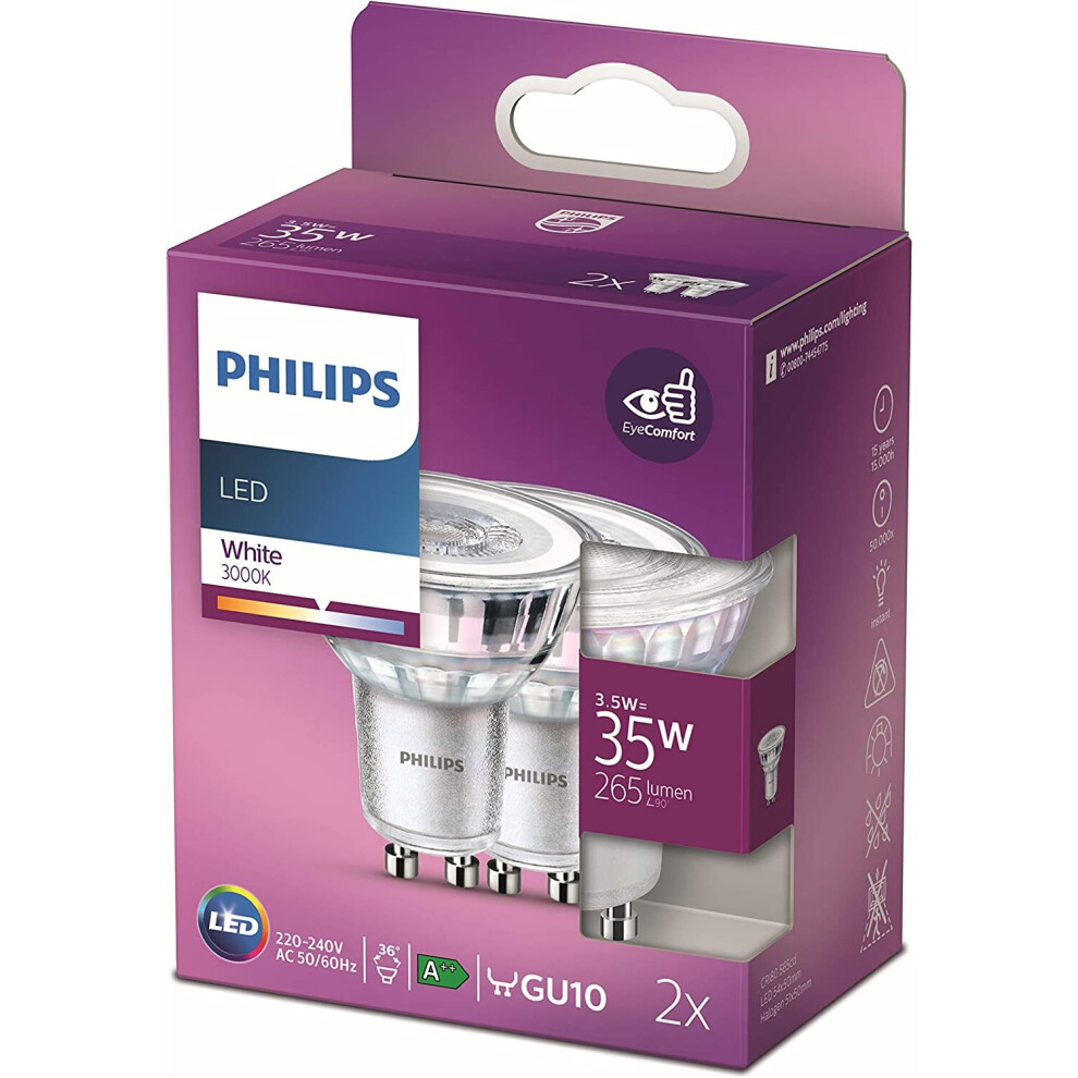 Philips LED Classic 2 Pack [GU10 Spot] 3.5W - 35W Equivalent, 220 - 240V, White 3000K (Non-Dimmable)