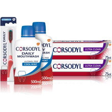 Corsodyl Gum Care Regime Kit for Gum Disease Treatment, 1 x Complete Protection Toothbrush, 2 x Ultra Clean Toothpaste and 2 x Daily Mouthwash Cool