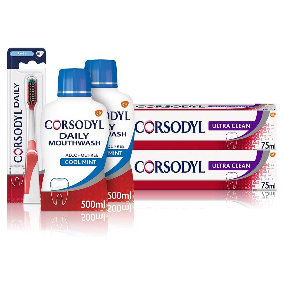 Corsodyl Gum Care Regime Kit for Gum Disease Treatment, 1 x Complete Protection Toothbrush, 2 x Ultra Clean Toothpaste and 2 x Daily Mouthwash Cool