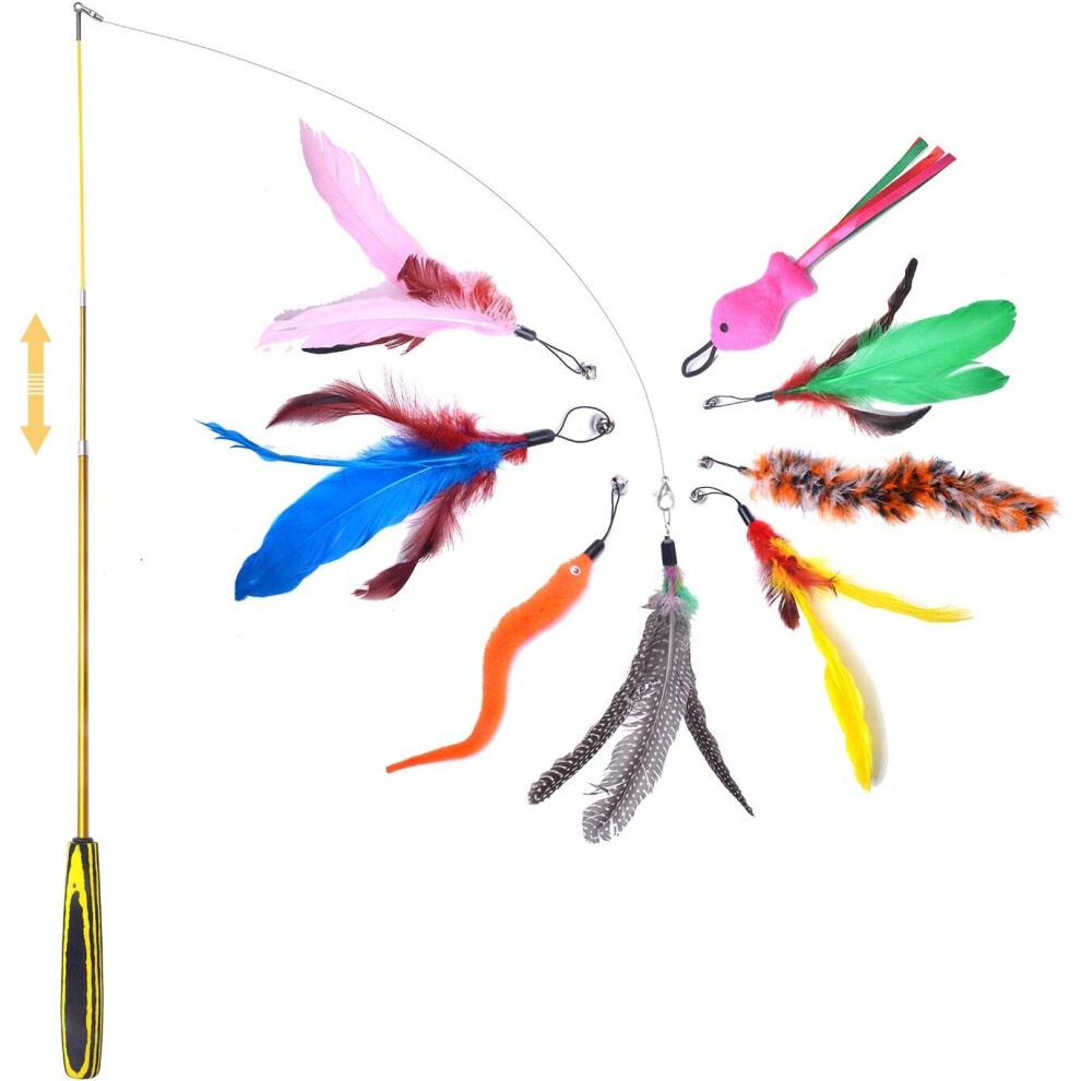 FYNIGO Cat Feather Toys,Interactive Cat Toys,Retractable Cat Teaser Wand with 8 Refills and 2 Spare Hook