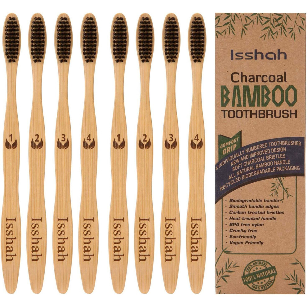 Isshah Biodegradable Eco-Friendly Natural Compostable Bamboo Toothbrush - Pack Of 8