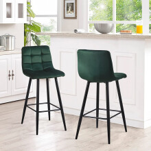 Bar Stools Set of 2 Green Velvet Soft Modern Kitchen Chairs 65 cm