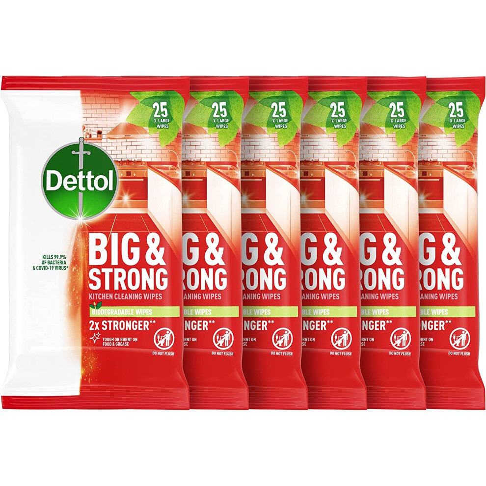Dettol Kitchen Cleaning Wipes Bulk Big and Strong, 6 x 25 Wipes, 150 Wipes Total