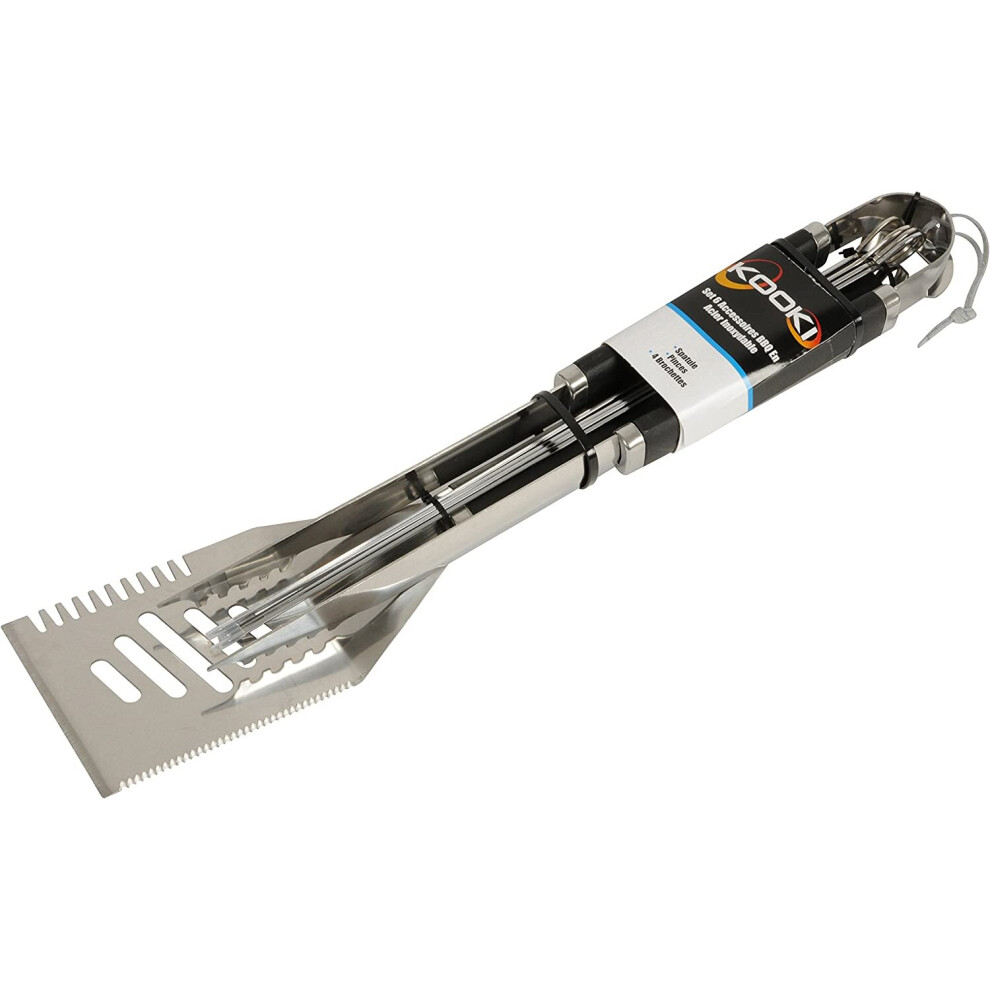 Invero? BBQ Collection - Barbecue 6 Piece Stainless Steel Grill Tool Utensils Set Includes 4x Skewers, Tongs and Spatula-image-OPC-P9ZXMDG-NEW