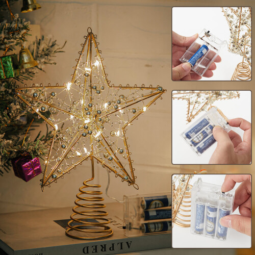 Living And Home Modern Metal Pre-Lit Star Christmas Tree Topper with Beads 2