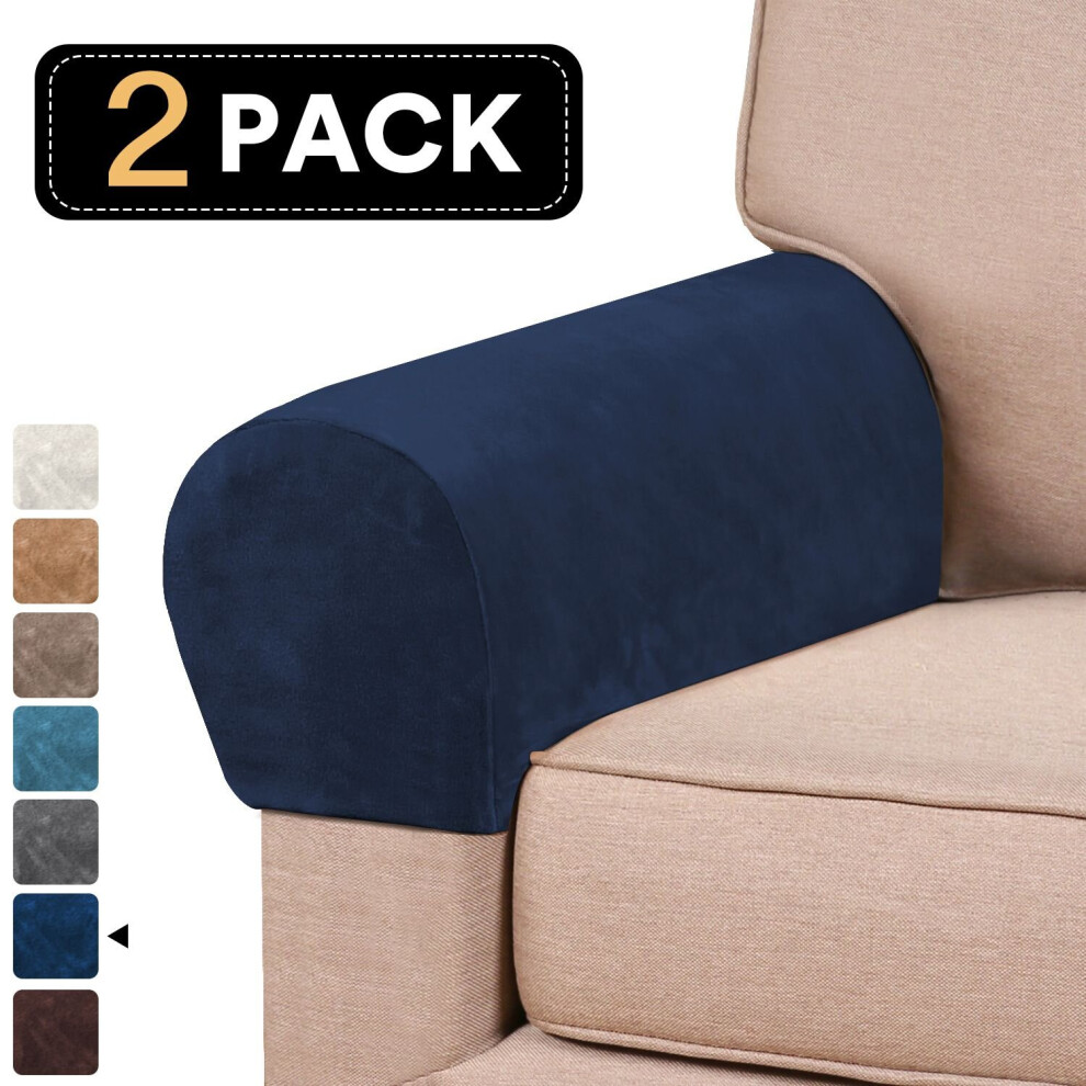 (NavyBlue) Armrest 2pcs Velvet Covers Stretch Set Chair Sofa Arm Protectors Couch Removable