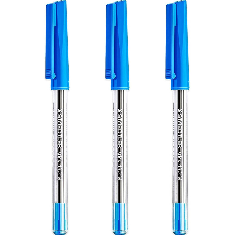 Staedtler Medium 0.5mm 430 Stick Ballpoint Pens Writing Pen Smooth - Blue Ink - Pack Of 3