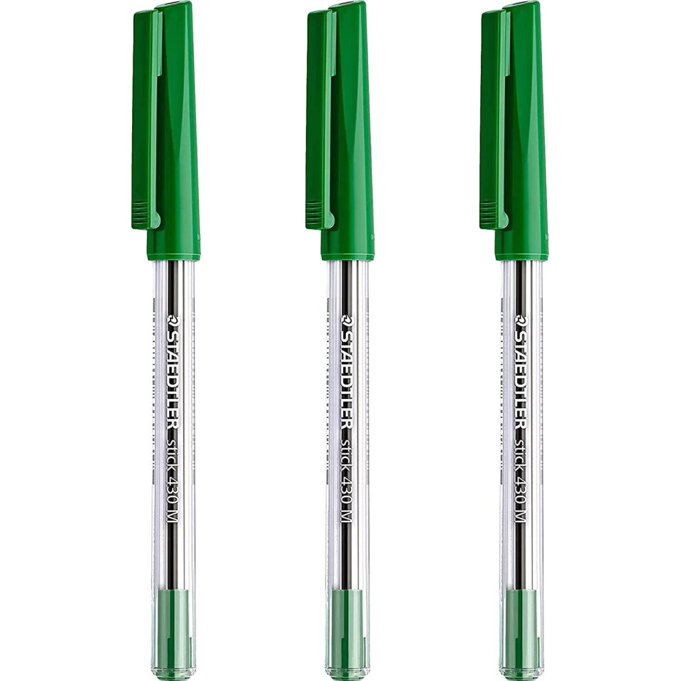Staedtler Medium 0.5mm 430 Stick Ballpoint Pens Writing Pen Smooth - Green Ink - Pack Of 3