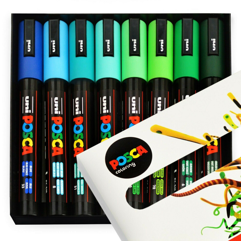 POSCA PC-5M Paint Marker Pens - Blue Green Tones - 8 Pens in Gift Box