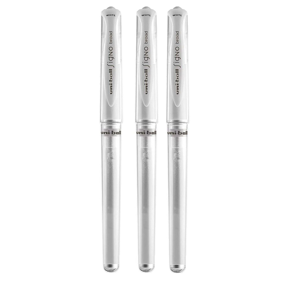 Uni-Ball Signo Pen Broad Metallic Gel Ink Rollerball - 1mm Tip Nib 0.65mm Line - Rubber Grip - UM-153 - White - Pack of 5