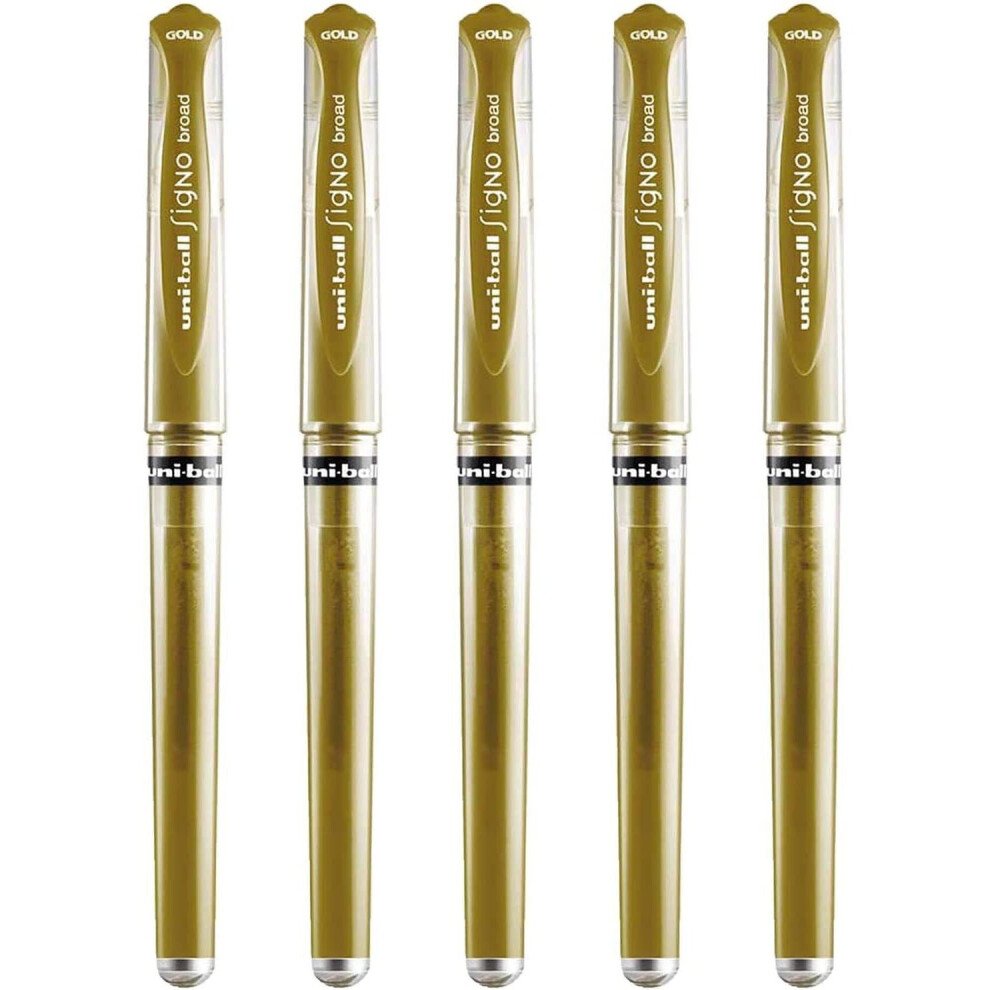 Uni-Ball Signo Pen Broad Metallic Gel Ink Rollerball - 1mm Tip Nib 0.65mm Line - Rubber Grip - UM-153 - Gold - Pack of 5