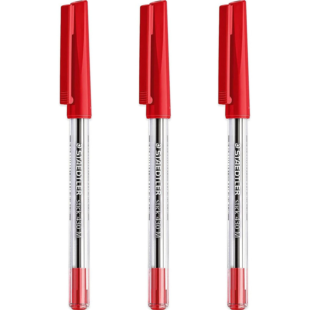 Staedtler Medium 0.5mm 430 Stick Ballpoint Pens Writing Pen Smooth - Red Ink - Pack Of 3