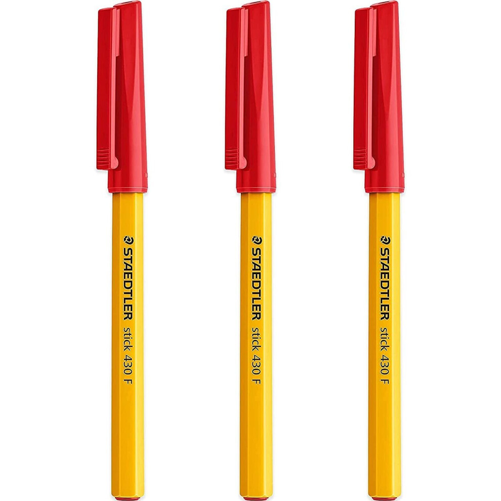 Staedtler Fine 0.3Mm 430 Stick Ballpoint Pens Writing Pen Smooth - Red Ink - Pack Of 3