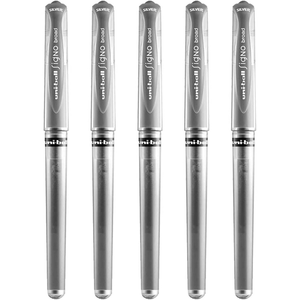 Uni-Ball Signo Pen Broad Metallic Gel Ink Rollerball - 1mm Tip Nib 0.65mm Line - Rubber Grip - UM-153 - Silver - Pack of 5