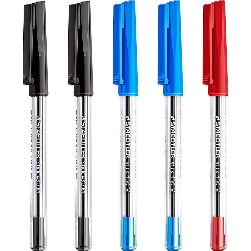 Staedtler Medium 0.5mm 430 Stick Ballpoint Pens Writing Pen Smooth - Black, Blue & Red Ink - Pack Of 5