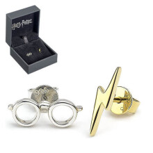 Harry Potter Sterling Silver Lightning Bolt & Glasses Stud Earrings – Gold-Plated Bolt, Officially Licensed HP Jewelry