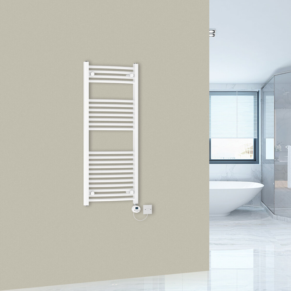 (1200x500mm-500wW) WarmeHaus Curved White Prefilled Electric Heated Towel Rail Thermostatic with LCD Display Heating Element