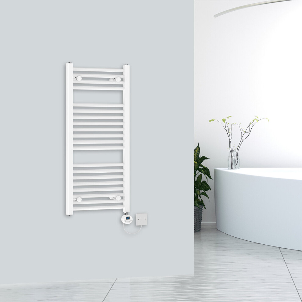 (970x450mm-400wW) WarmeHaus Bergen White Electric Thermostatic Heated Towel Rail Prefilled