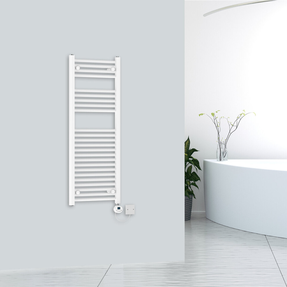 (1200x450mm-500wW) WarmeHaus Bergen White Electric Thermostatic Heated Towel Rail Prefilled