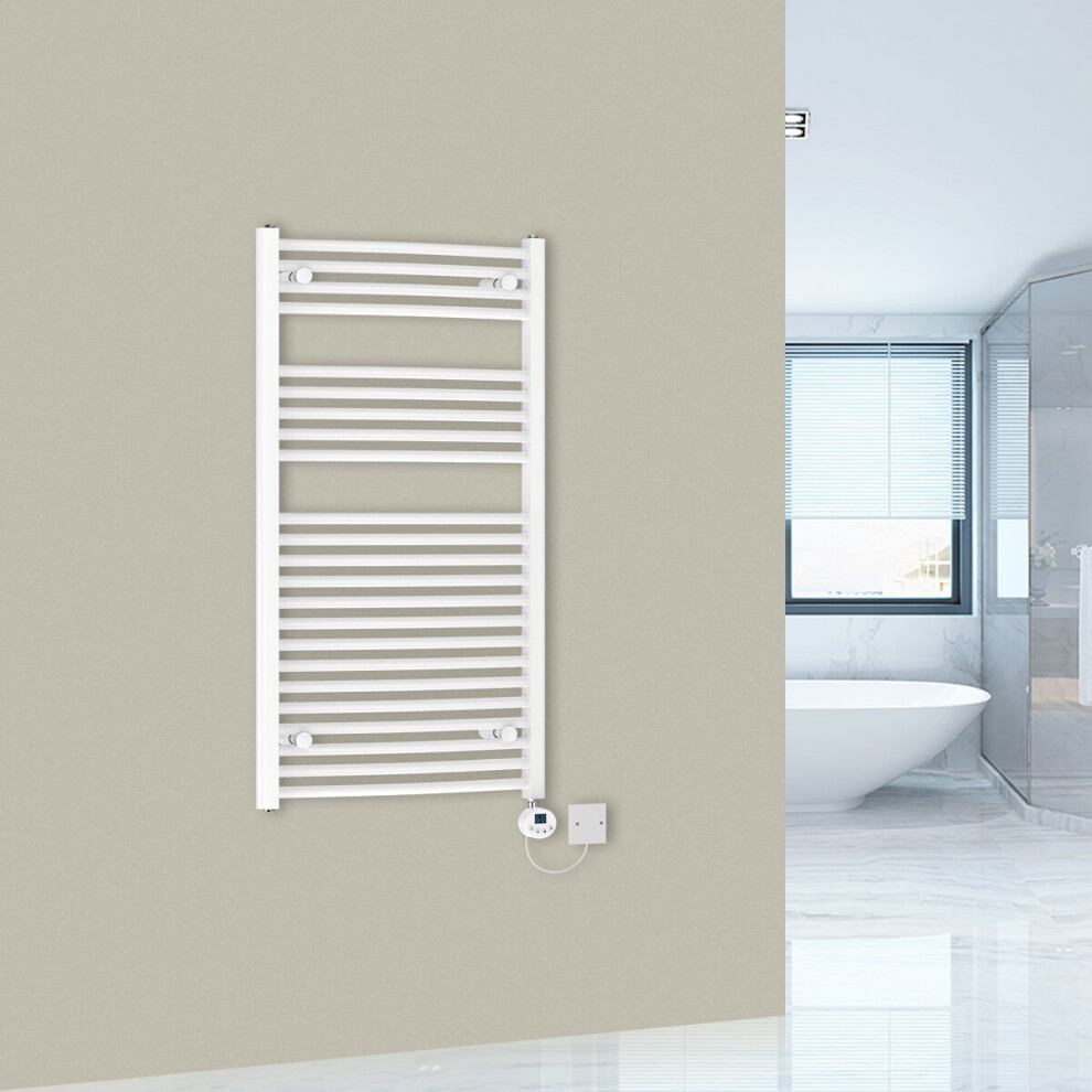 (1100x600mm-500wW) WarmeHaus Curved White Prefilled Electric Heated Towel Rail Thermostatic with LCD Display Heating Element
