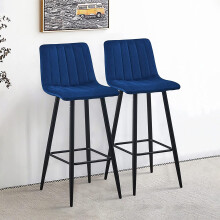 Bar Stools Set of 2 Stripe Blue Velvet Modern Kitchen Chairs 65 cm