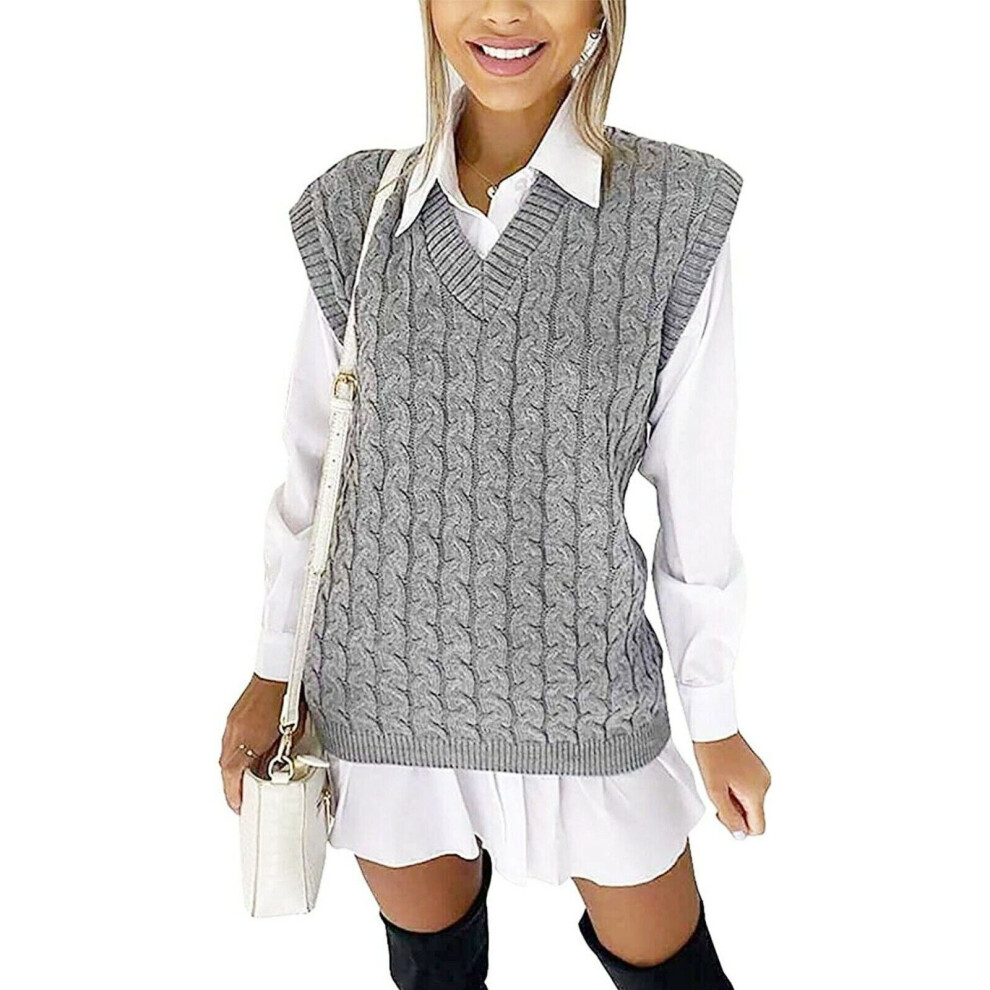 (Grey, ML  (UK 12-14)) Womens Cable Dogtooth Sleeveless Vest Knitted V Neck Jumper Tank Top Sweater