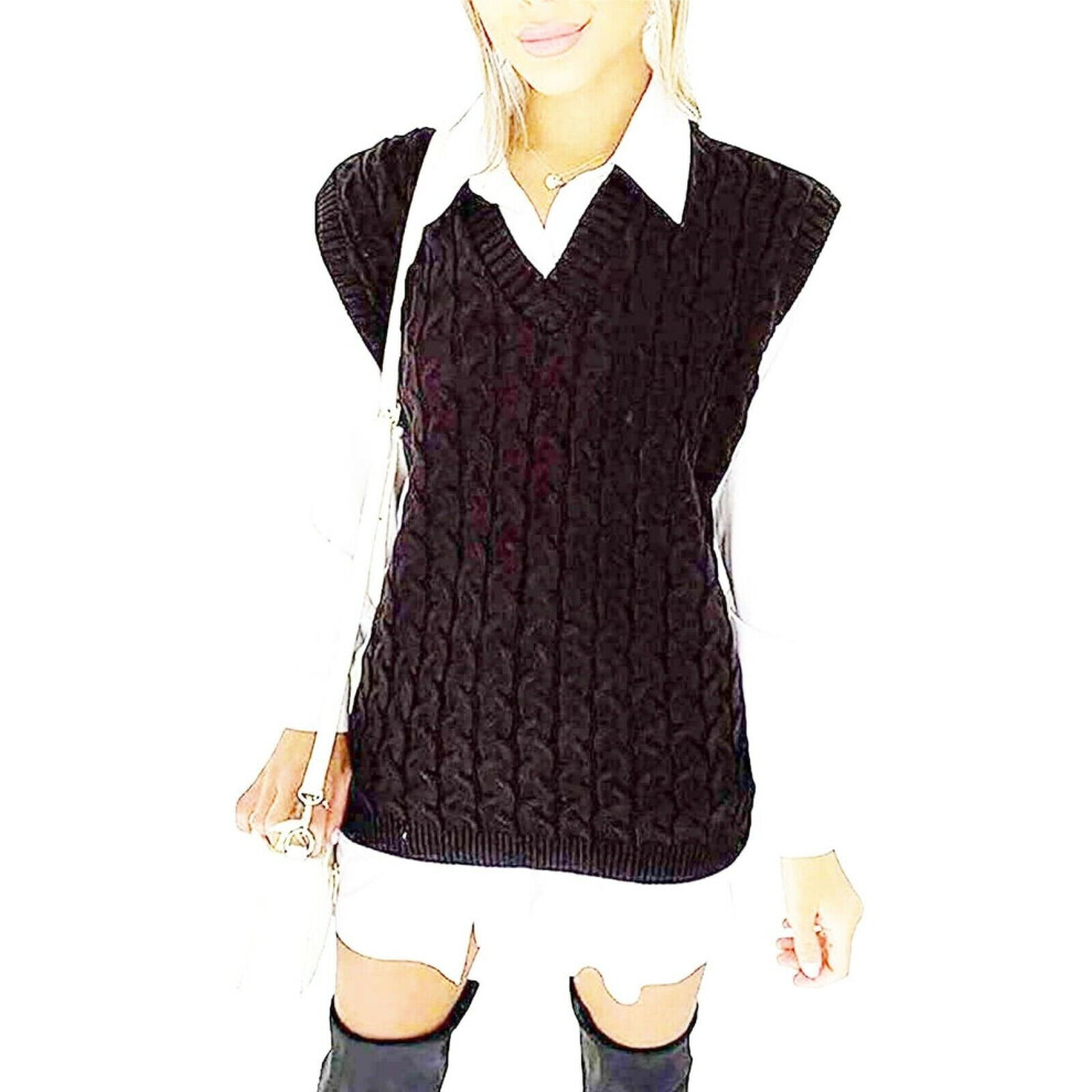 (Black, ML  (UK 12-14)) Womens Cable Dogtooth Sleeveless Vest Knitted V Neck Jumper Tank Top Sweater