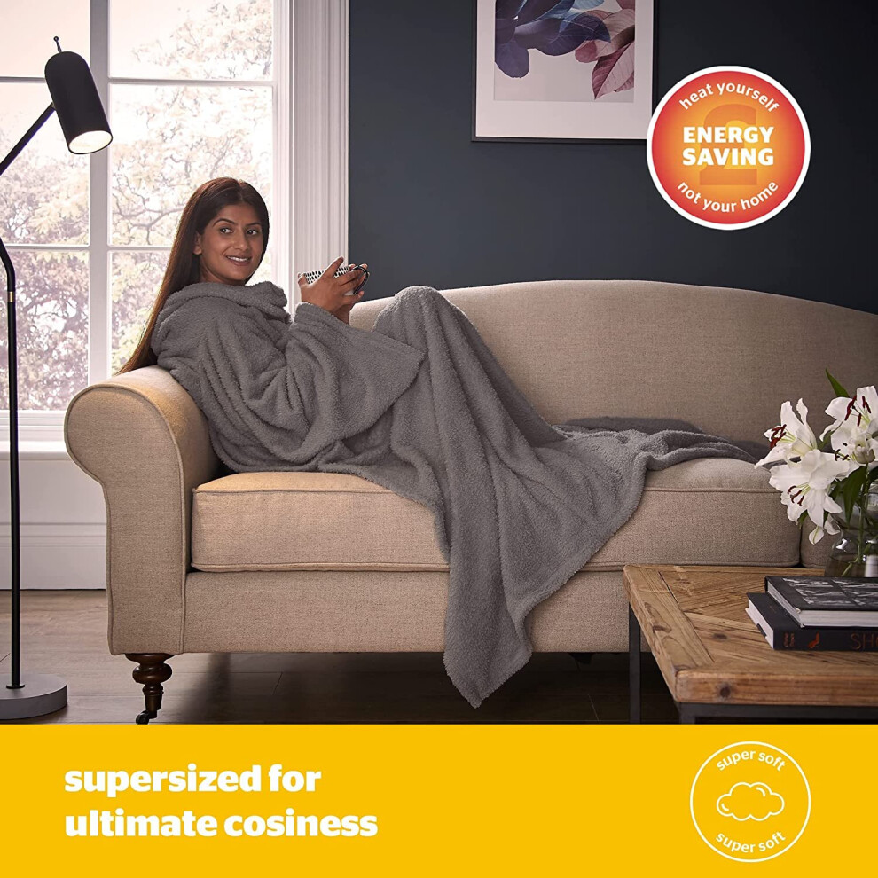 Silentnight Snugsie Wearable Blanket - Soft Teddy Fleece Blanket with Sleeves - 2-in-1 Sleeved blanket and Cushion- Charcoal