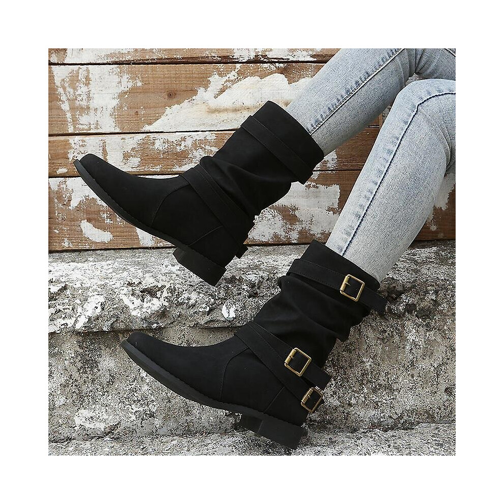 (Black, 40) Women Autumn Winter Short Boots Ladies Mid Calf Low Heels Buckle Boots