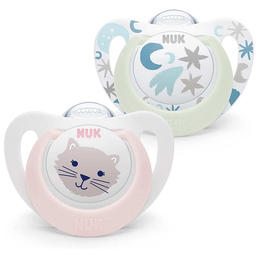 NUK Star Night & Day Baby Pacifier 0-6M BPA Free Silicone Pink Cat 2Pk