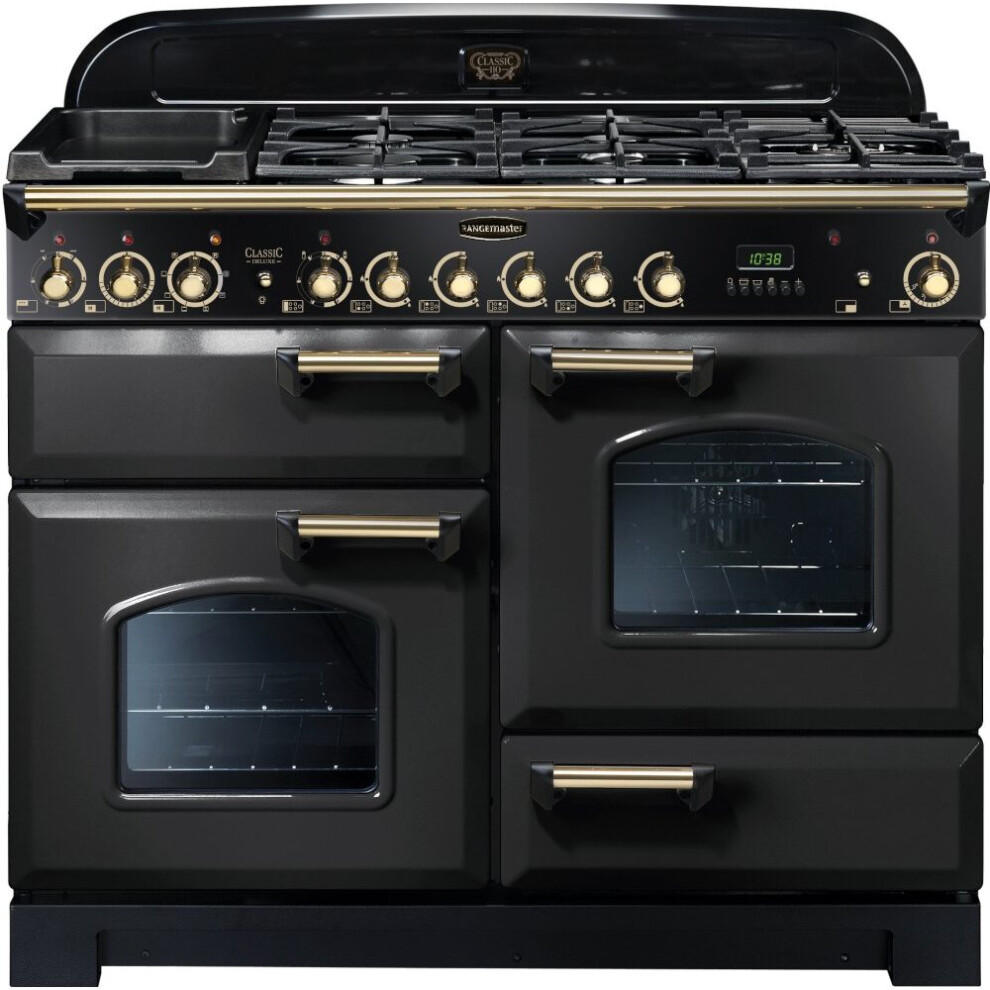 Rangemaster CDL110DFFCB/B Classic Deluxe Charcoal Black with Brass Trim 110cm Dual Fuel Range Cooker - A Rated - 129600