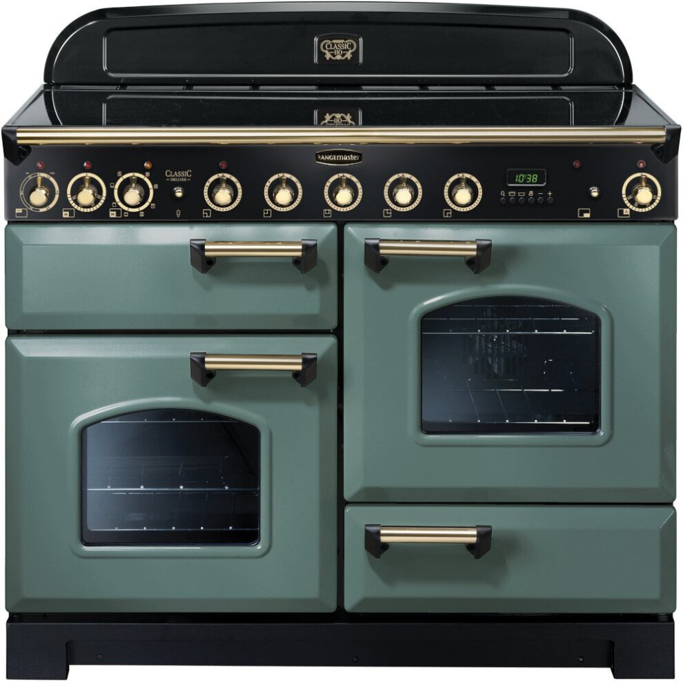 Rangemaster CDL110EIMG/B Classic Deluxe Mineral Green with Brass Trim 110cm Induction Range Cooker - A Rated - 129620