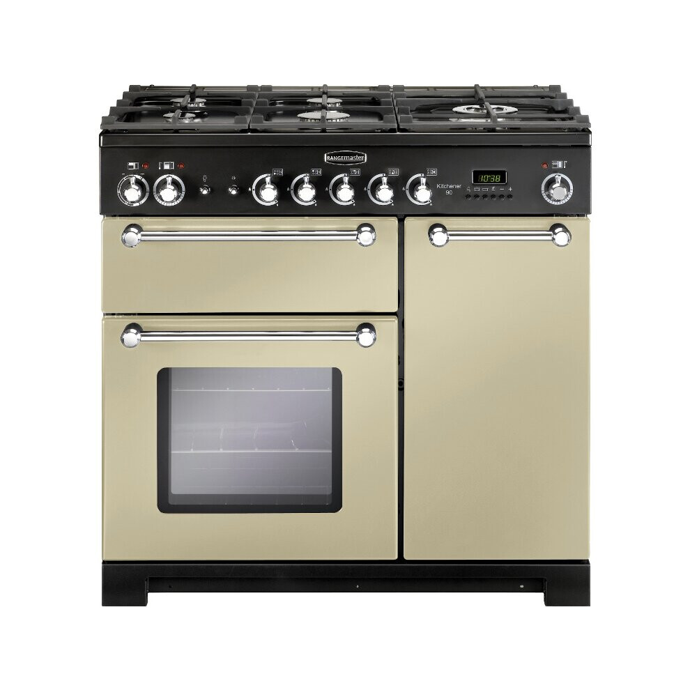 Rangemaster KCH90DFFCR/C Kitchener Cream with Chrome Trim 90cm Dual Fuel Range Cooker - A Rated - 81440