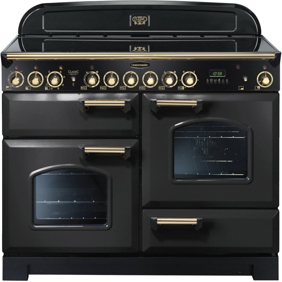 Rangemaster CDL110ECCB/B Classic Deluxe Charcoal Black with Brass Trim 110cm Ceramic Range Cooker - A Rated - 129660