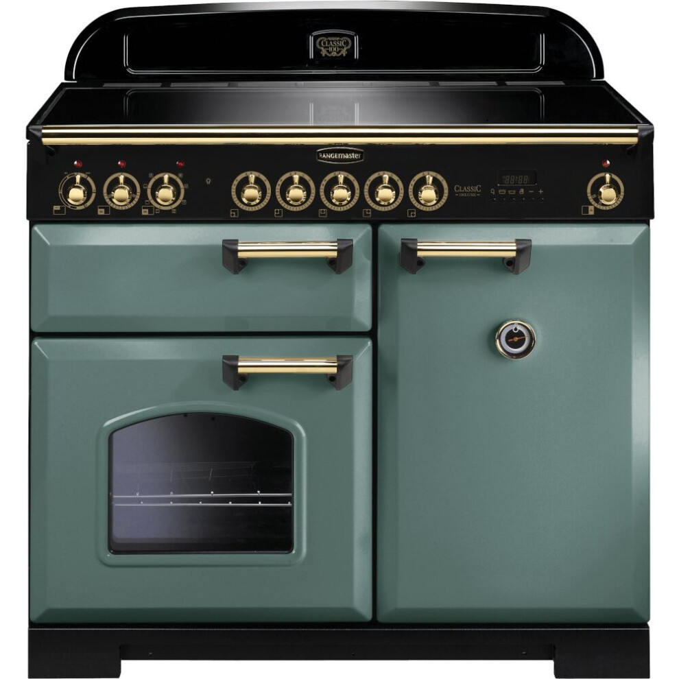 Rangemaster CDL100EIMG/B Classic Deluxe Mineral Green with Brass Trim 100cm Induction Range Cooker - A Rated - 129560