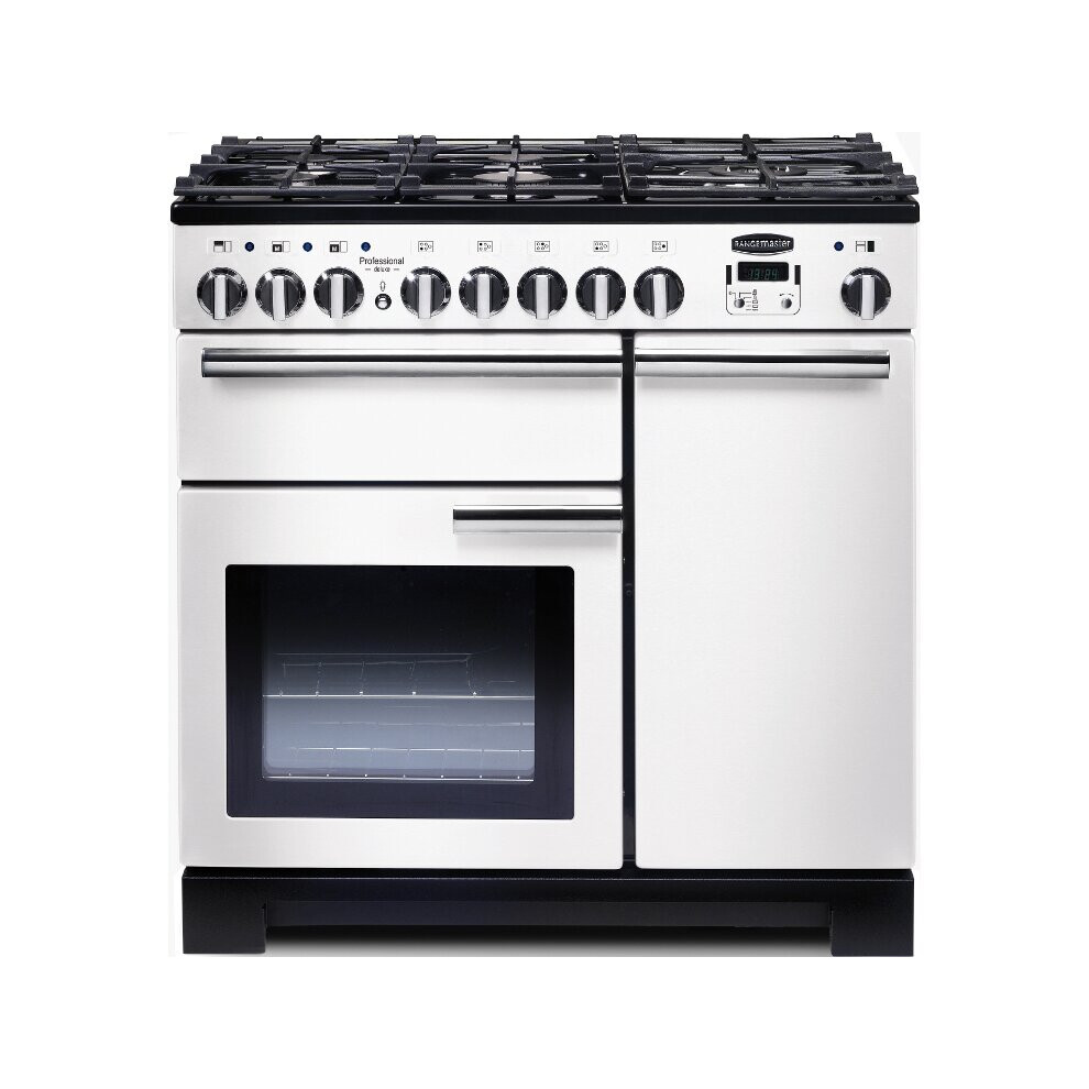 Rangemaster PDL90DFFWH/C Professional Deluxe White with Chrome Trim 90cm Dual Fuel Range Cooker - A Rated - 98960