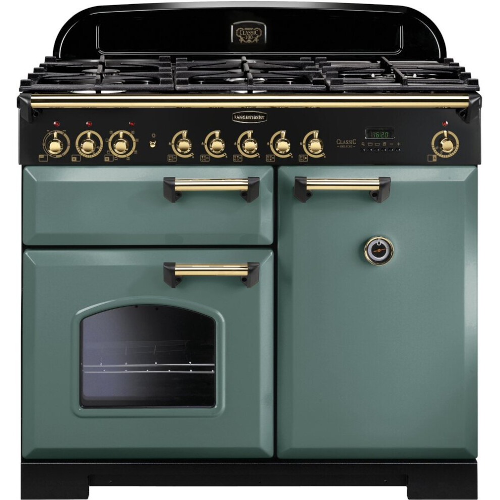 Rangemaster CDL100DFFMG/B Classic Deluxe Mineral Green with Brass Trim 100cm Dual Fuel Range Cooker - A Rated - 129530