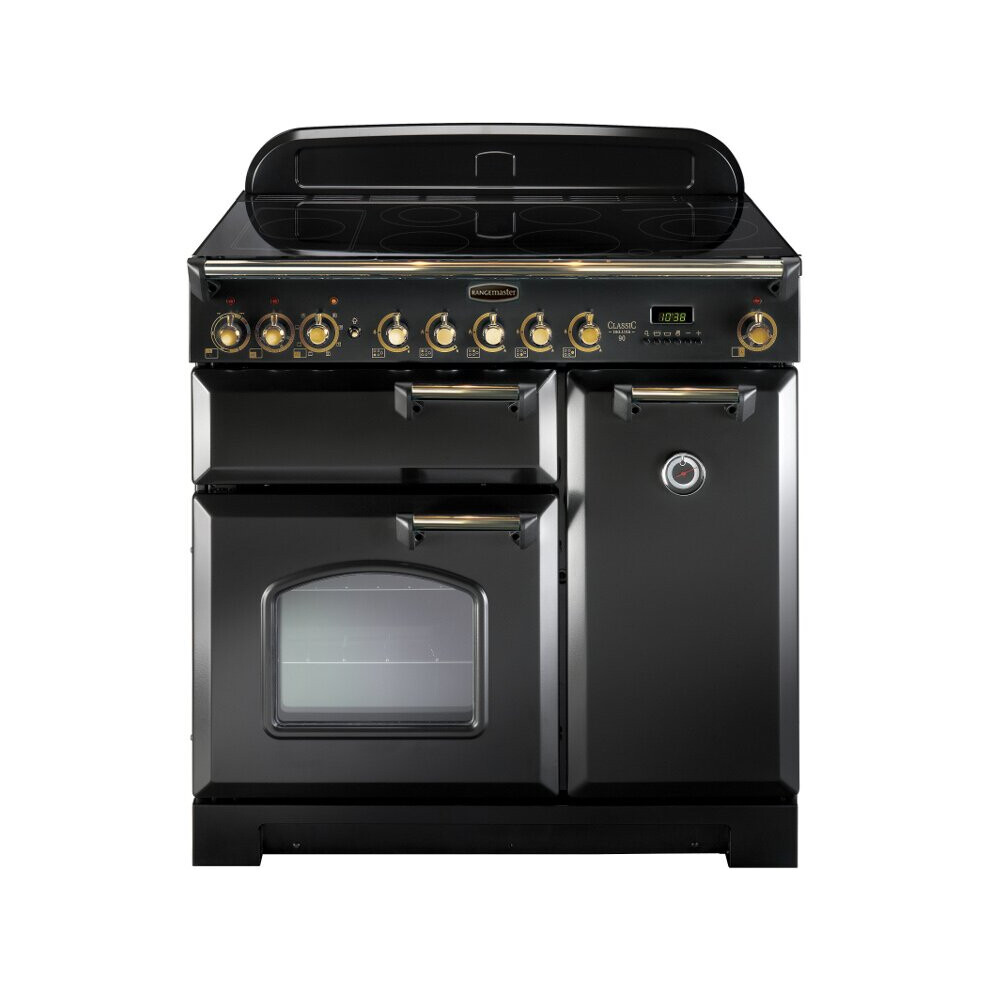 Rangemaster CDL90EIBL/B Classic Deluxe Gloss Black with Brass Trim 90cm Induction Range Cooker - A Rated - 90270