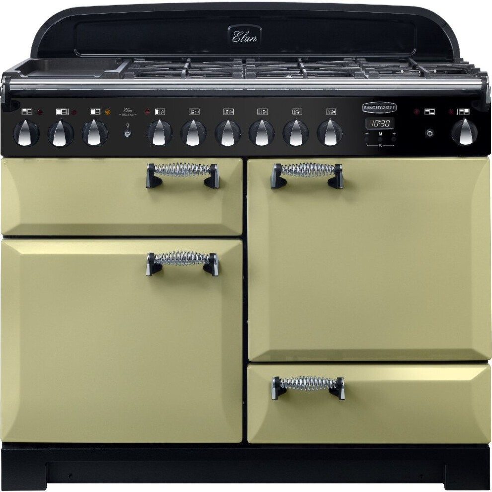 Rangemaster ELA110DFFOG Elan Deluxe Olive Green with Chrome Trim 110cm Dual Fuel Range Cooker - A Rated - 118040