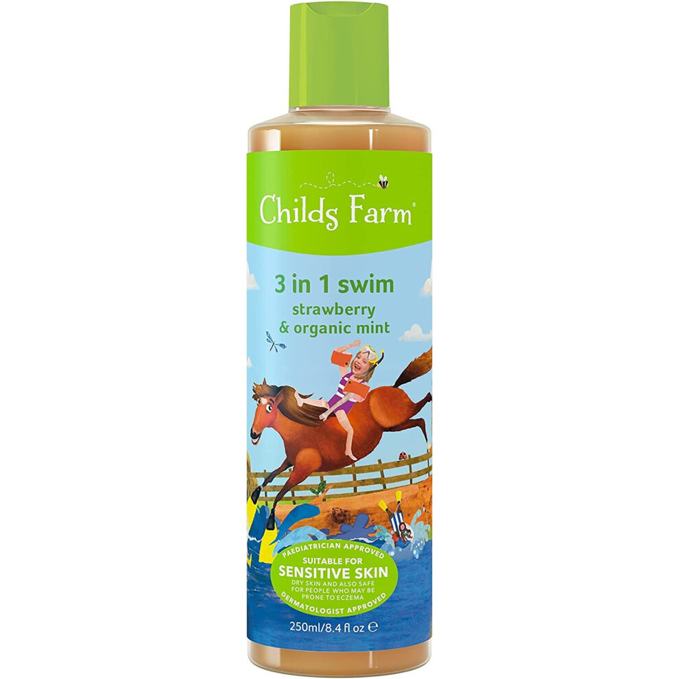 Childs Farm | Kids 3 in 1 Swim | Strawberry & Organic Mint | Body Wash, Shampoo & Conditioner |Suitable for Dry, Sensitive & Eczema-prone Skin | 250ml
